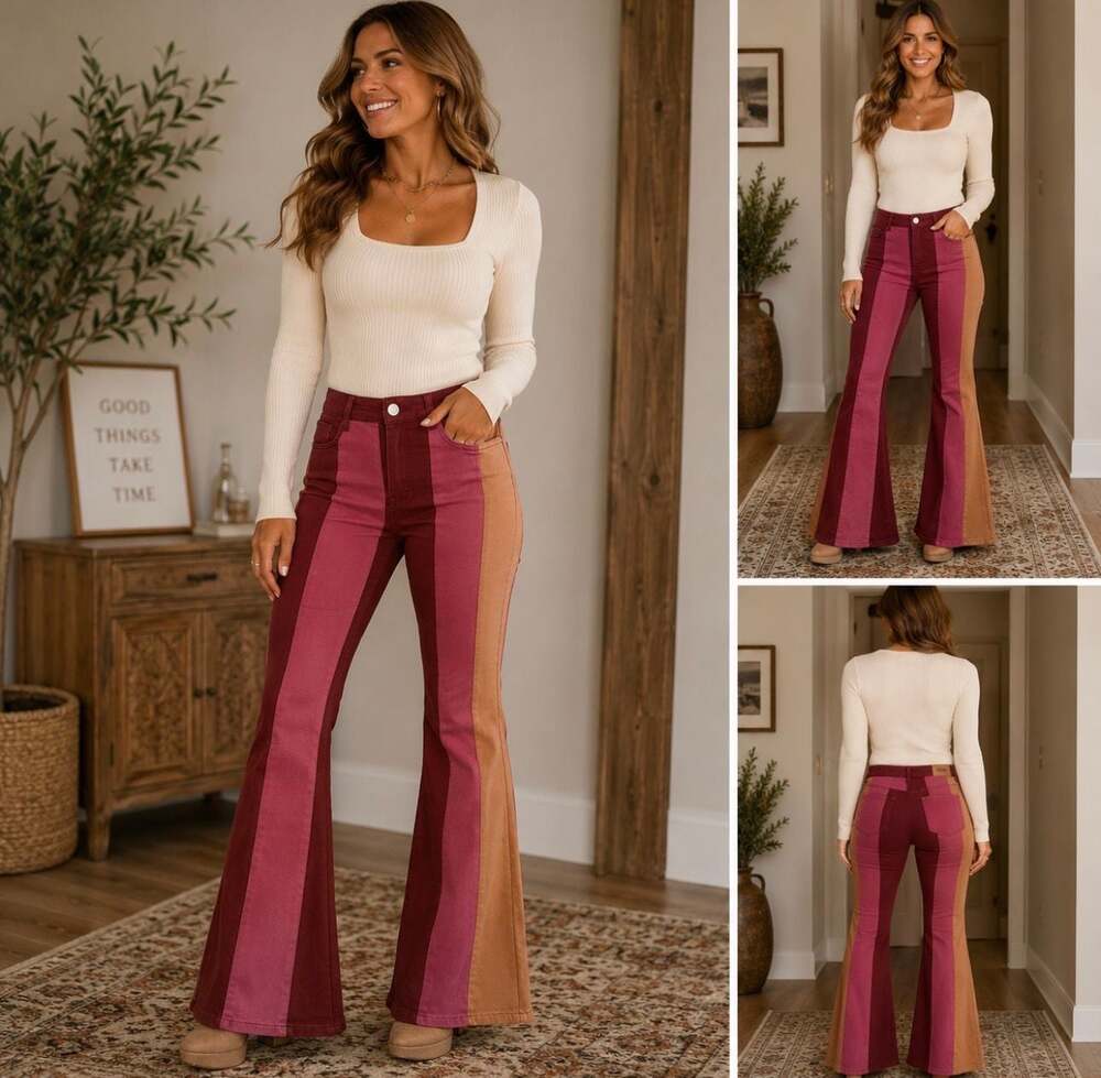 LE LIS Collection Women’s XS Colorblock Flare Jeans Pink Burgundy Tan NWT